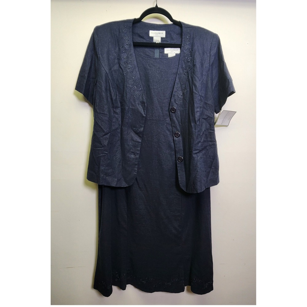NWT Sag Harbour Linen Blend Dress & Blazer Sz 14 Embroidered Beaded 2 Piece Set